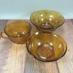 Set of 3 Collectible Indiana Glass Tiara Sandwich Amber Cup, Berry & Salad Bowls